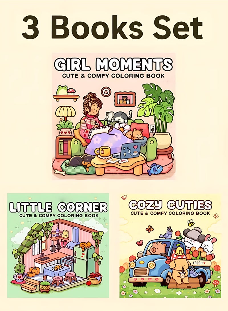 CLAVON Girl Moments + Little Corner + Cozy Cuties 3-Book Set: Mindfulness Coloring Books for Adults, Kids & Teens – Cute & Cozy Daily Activities & Nordic Hygge Spaces, Super Cute Designs, Stress-Relief Art Therapy & Family Bonding Activity (Cozy Spaces Collection) - Image 1